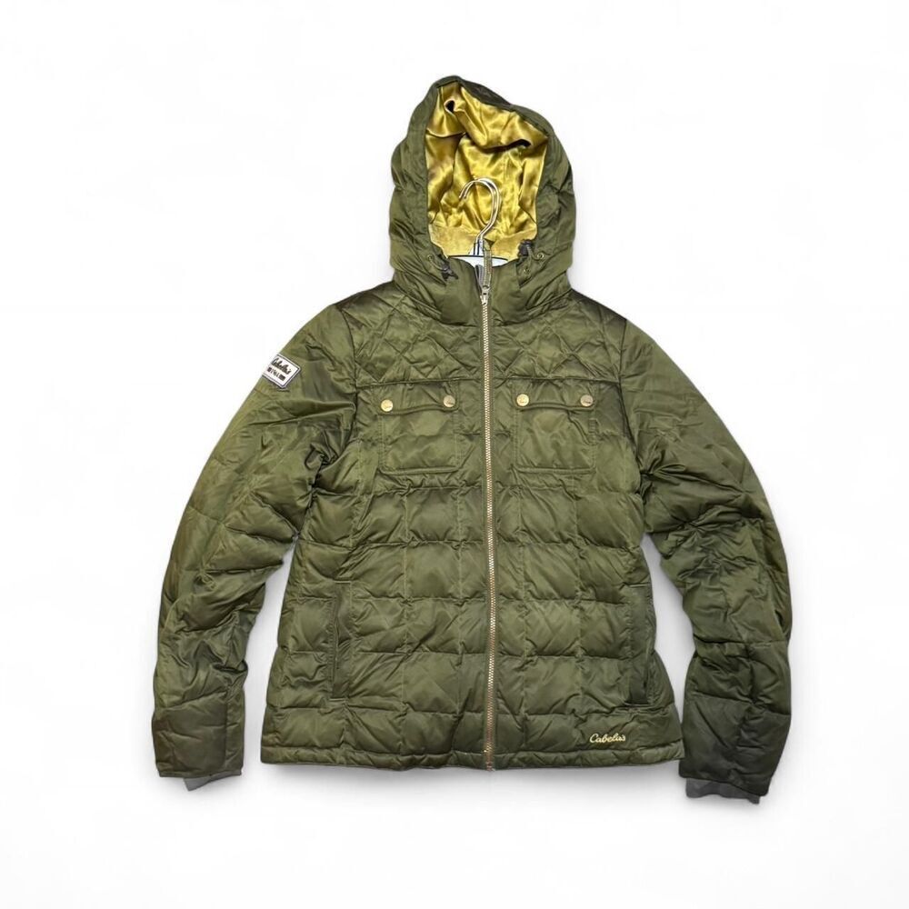 Cabela’s Goose Down Puffer Jacket Women’s Large Green Hooded Winter Coat